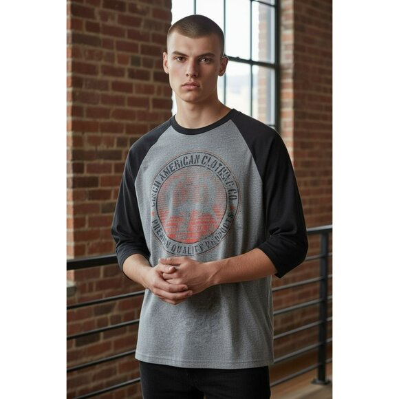 Cinch Modern Fit Mens Shirt Medium Gray-Black Raglan Baseball Tee - Picture 1 of 8
